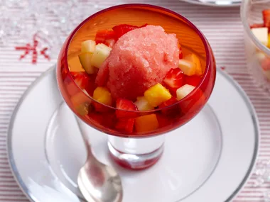 Watermelon sorbet with vodka fruit salsa
