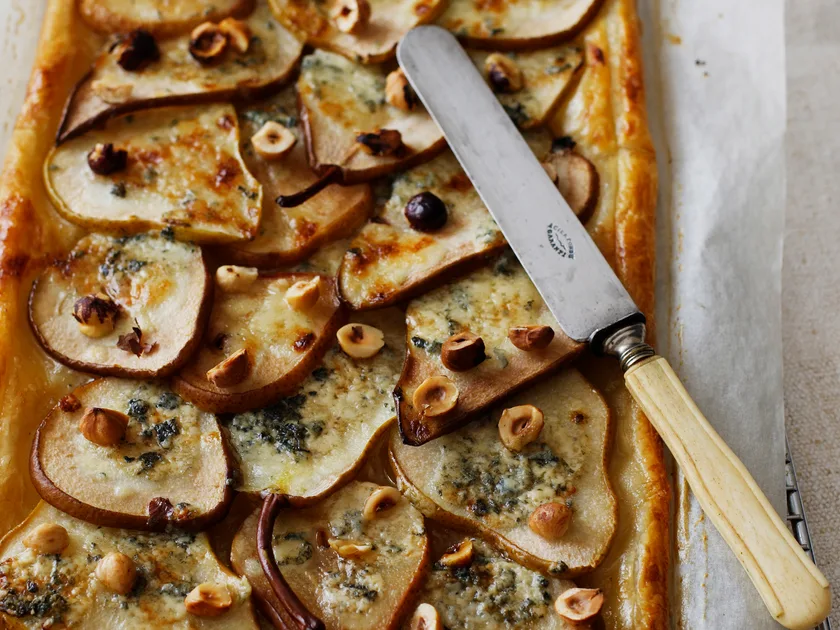 Pear tart with blue cheese and hazelnuts