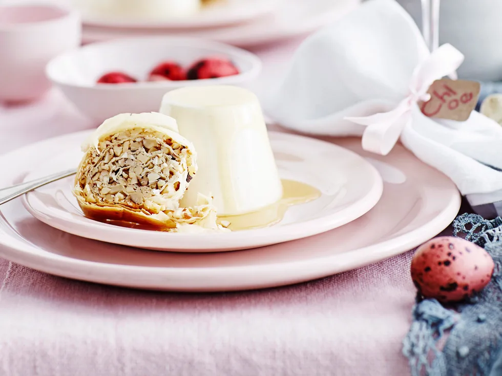 Yoghurt and cardamom panna cotta with baklava biscotti