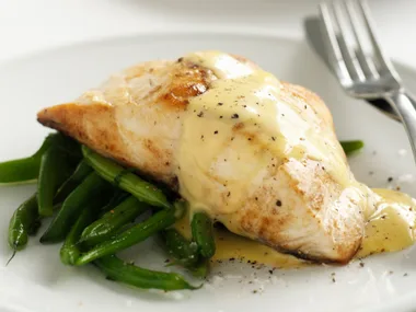 Pan-Fried Fish with Beans and Hollandaise Sauce