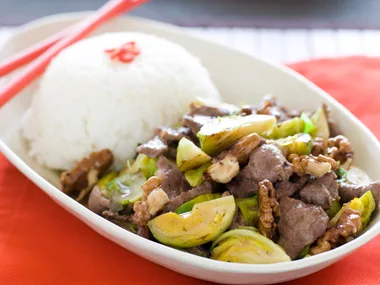 Beef with brussels sprouts and walnuts