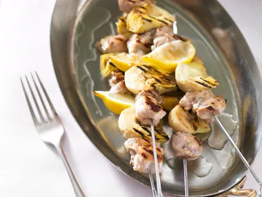 Chicken, artichoke and lemon skewers