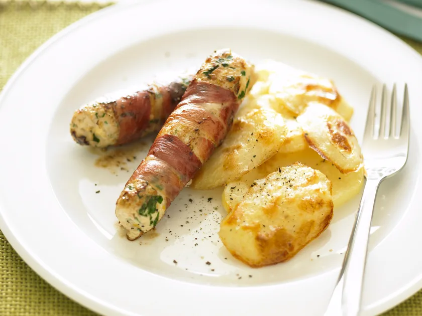 Chicken, feta and prosciutto sausages