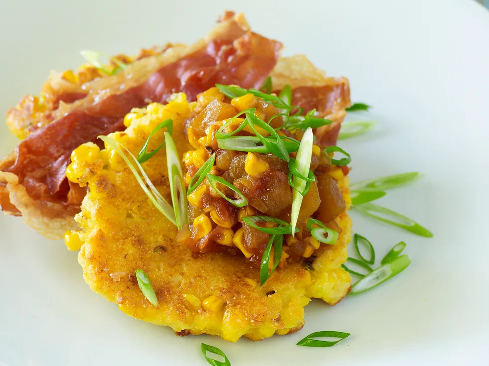 Corn cakes with corn and tomato chutney