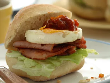 Egg and Bacon Rolls with Tomato Relish