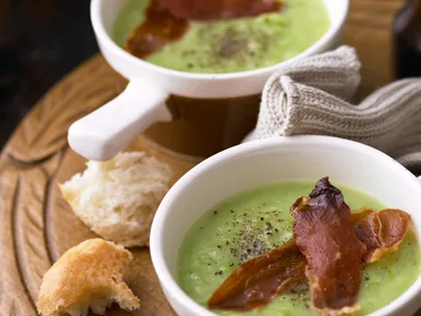 Pea soup with crisp prosciutto