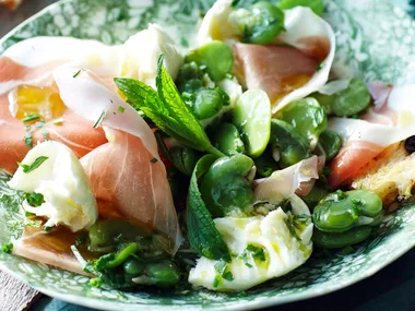 Prosciutto, broad bean and boccocini salad