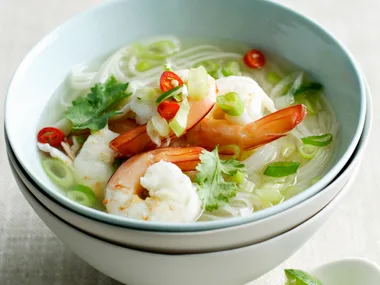 Prawn, noodle and green onion soup