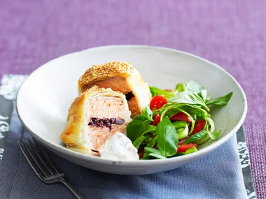 salmon wellington with asparagus, tomato and basil salad
