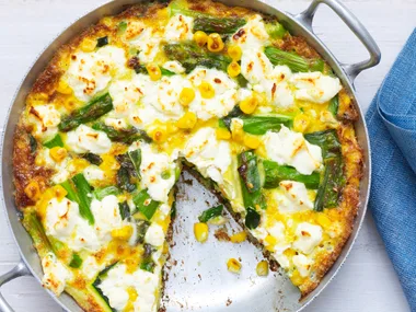 Asparagus, corn and goat's cheese frittata