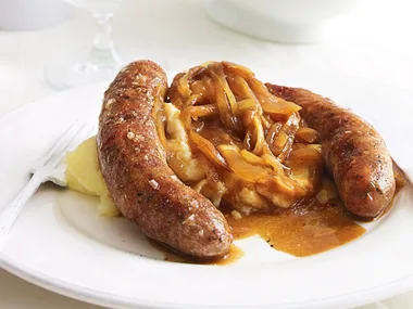 Bangers and mash with onion gravy