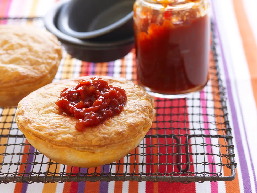 Sausage pies with quick peach relish