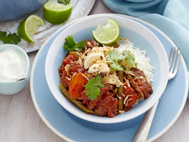 Beef vindaloo with toasted coconut and banana sambal