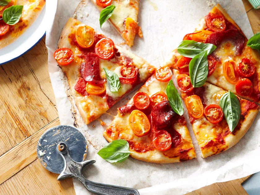Bocconcini and salami pizza