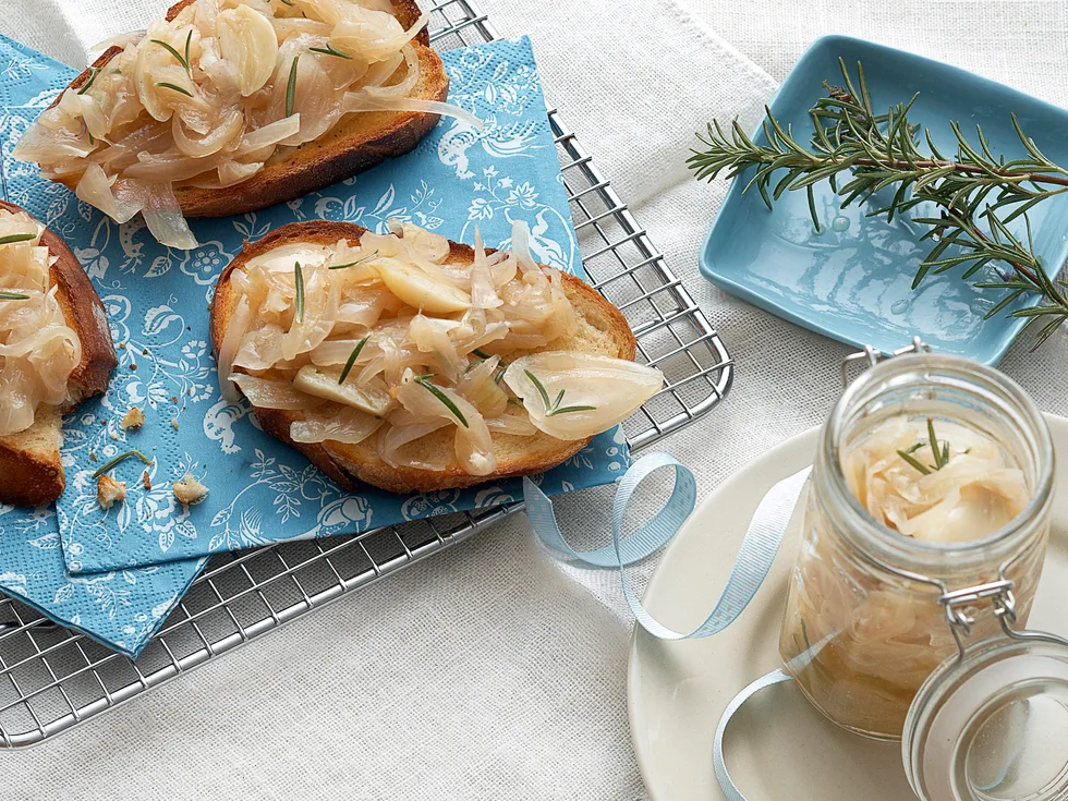 Braised onion and garlic bruschetta