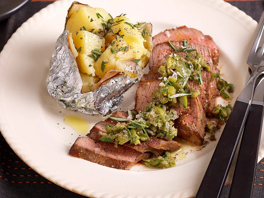 Chargrilled lamb with green olive salsa