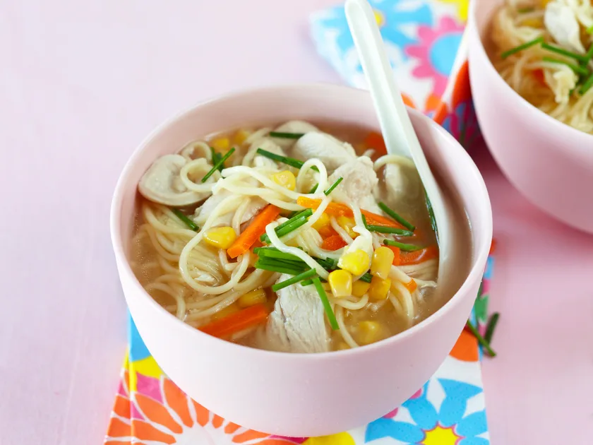 Quick chicken and corn noodle soup