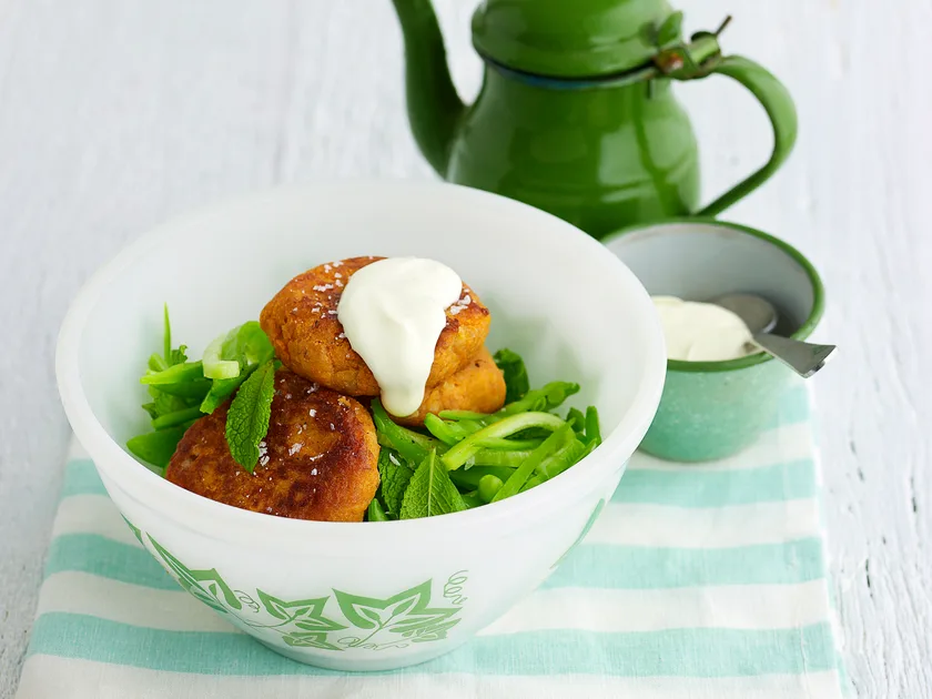 Chickpea and kumara cakes with snow pea salad