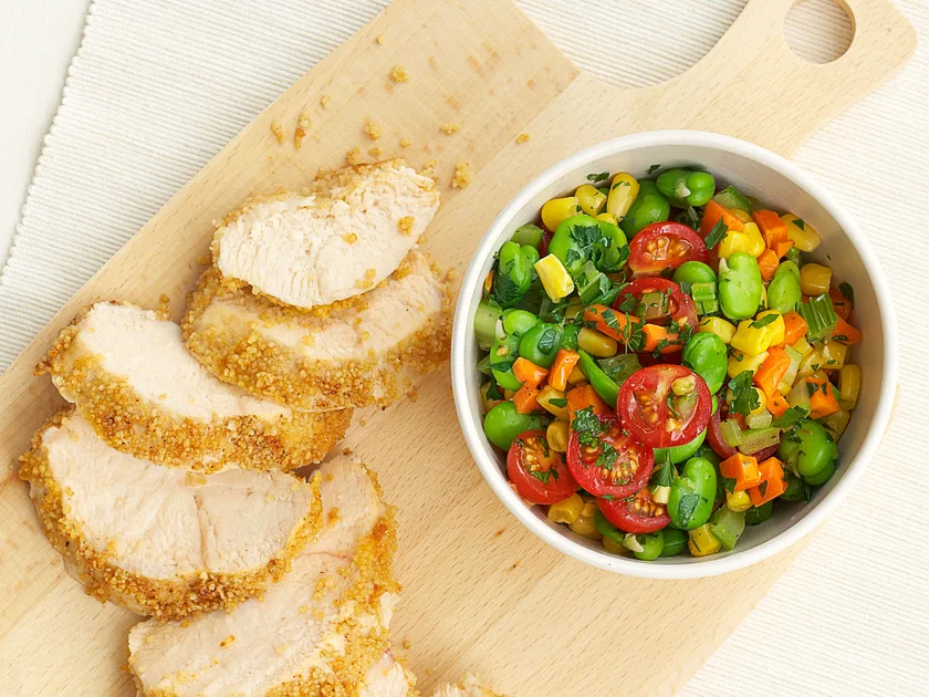 Couscous-crusted chicken with corn salsa