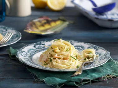 Crab with angel hair pasta and chives