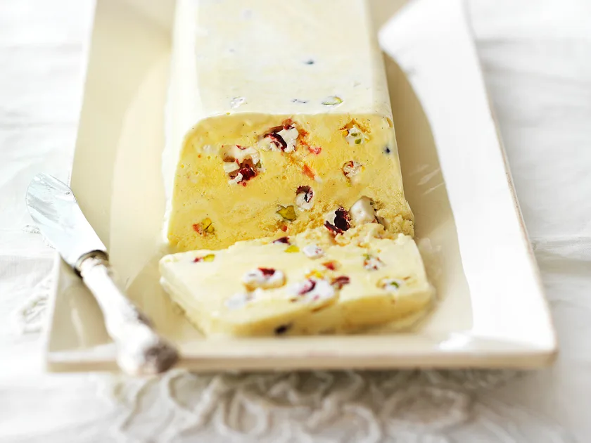 Cranberry and pistachio nought semifreddo