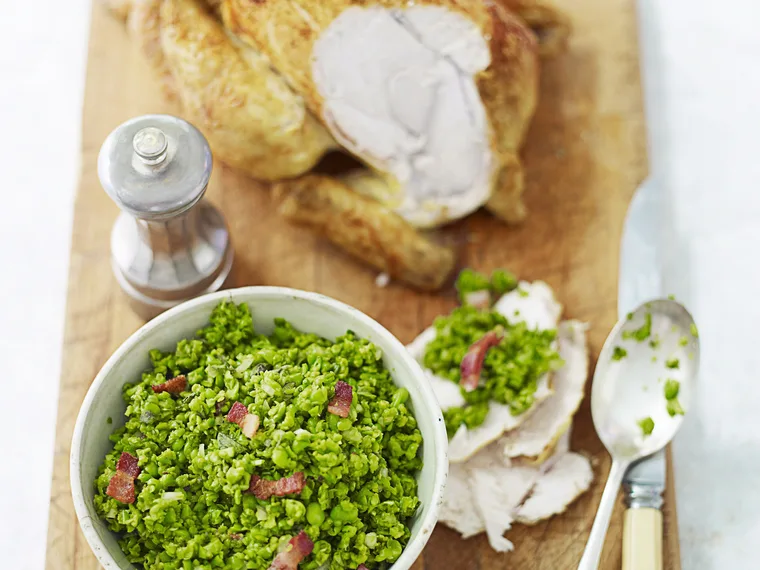 Curry roast chicken with squashed peas