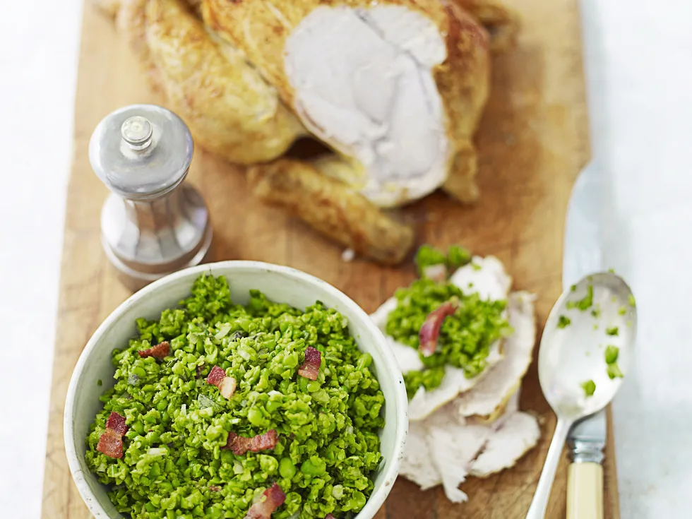 Curry roast chicken with squashed peas