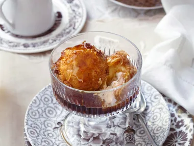 Deep fried ice-cream with coffee syrup
