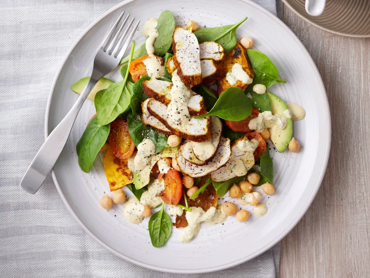 Grilled chicken, pumpkin and chicpea salad