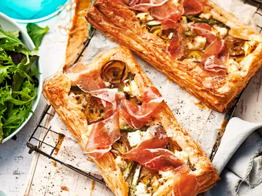 Prosciutto, asparagus, leek and ricotta tarts