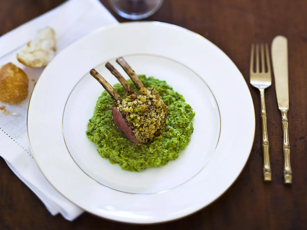 Pistachio-crumbed lamb rocks with minted mushy peas