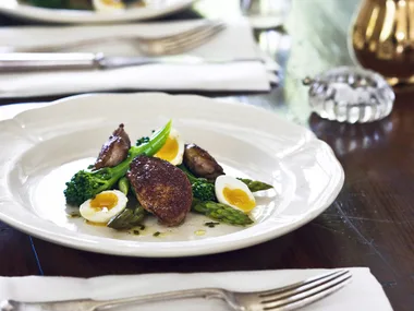 Spiced quail, asparagus and warm broccolini salad