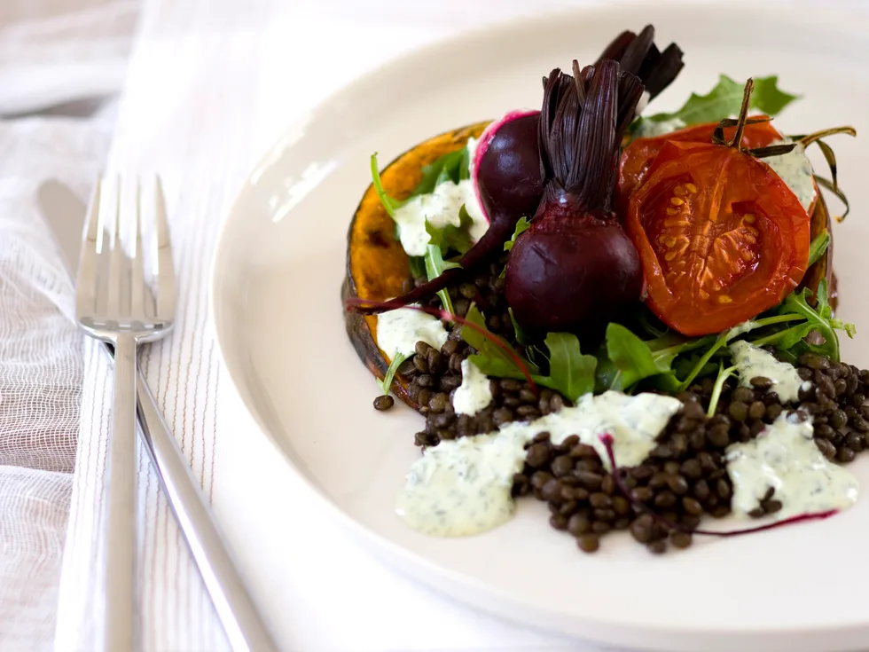 Roasted vegetable and lentil salad