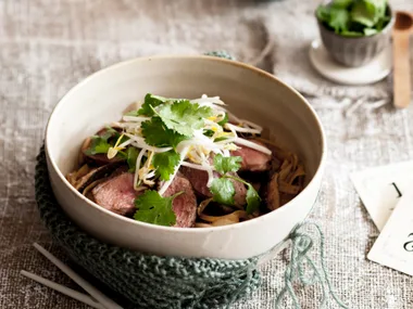Five-spice duck breast with Asian mushroom drunken noodles
