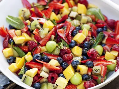 itty bitty fruit salad with passionfruit and vanilla syrup