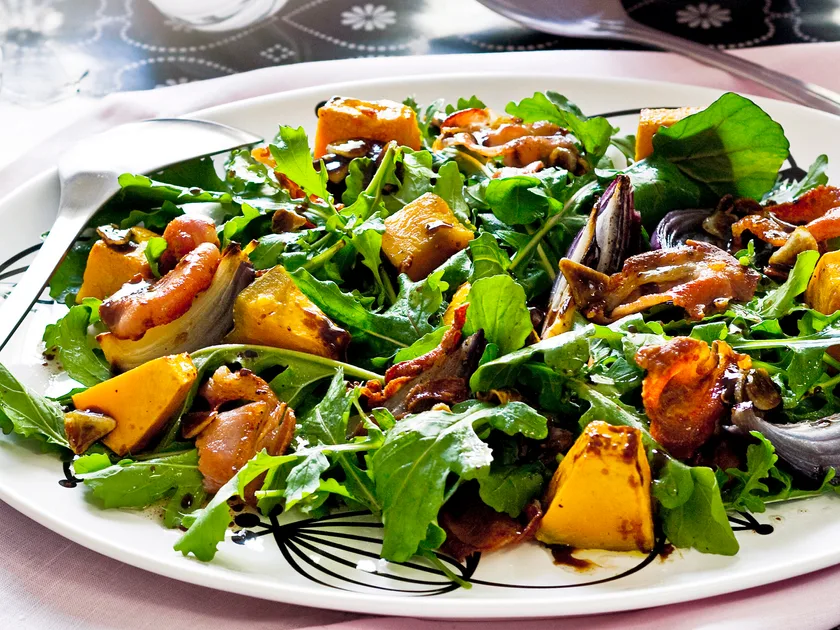 Roasted pumpkin, pancetta and rocket salad