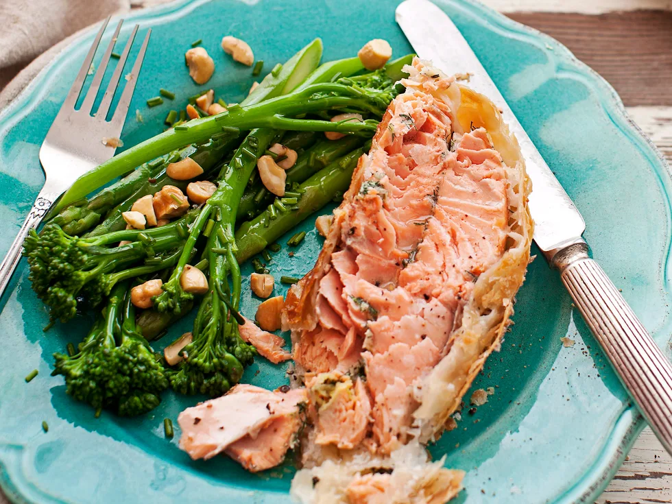 salmon en croute with warm broccolini and asparagus salad