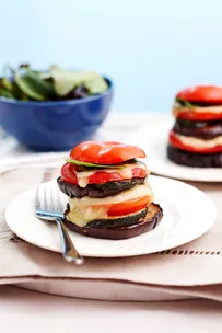 Baked eggplant tomato and basil stacks