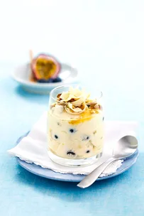 Banana, passionfruit and blueberry fool