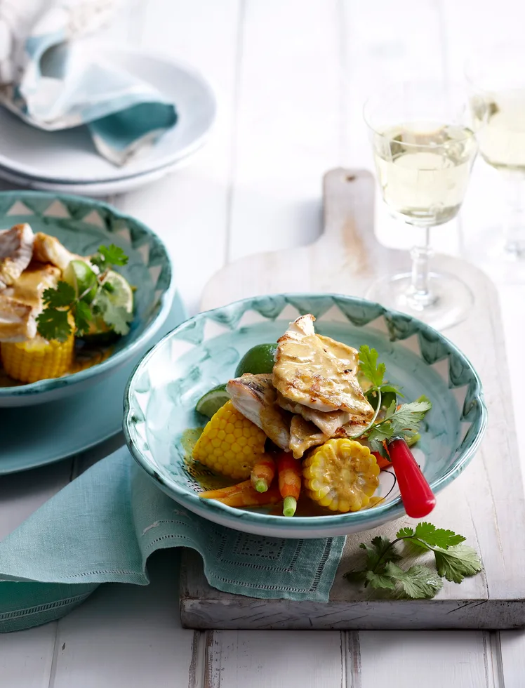 Barbecued leatherjacket with coconut sauce