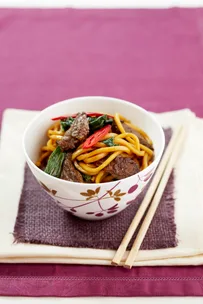 Beef, choy sum and noodles