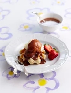 Belgian-style waffles with chocolate marshmallow sauce
