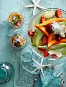 Champagne fruit salad with mint lime granita