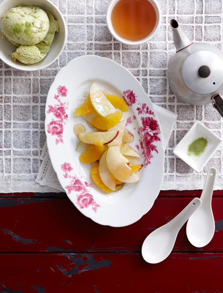 Fruit salad with ginger and green tea ice - cream