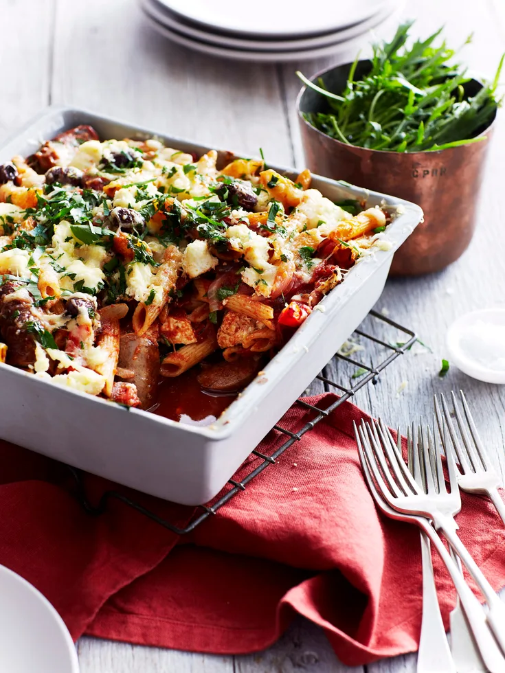 Italian sausage, olive and ricotta pasta bake