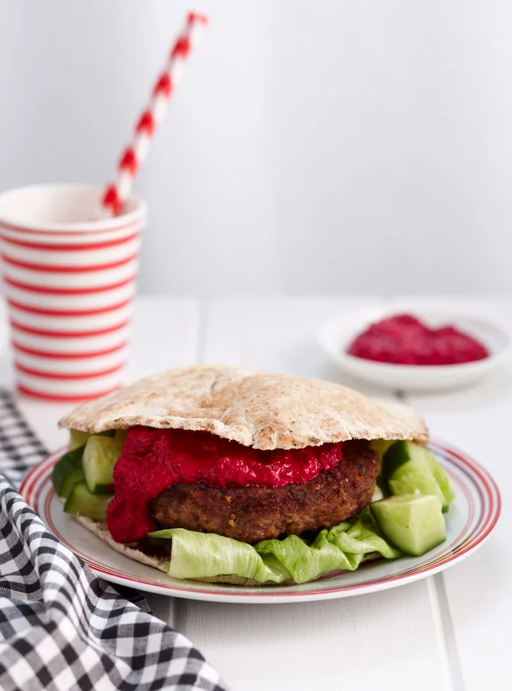 Lamb and beetroot pita burger