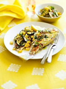 Leatherjacket with haloumi and corn salad