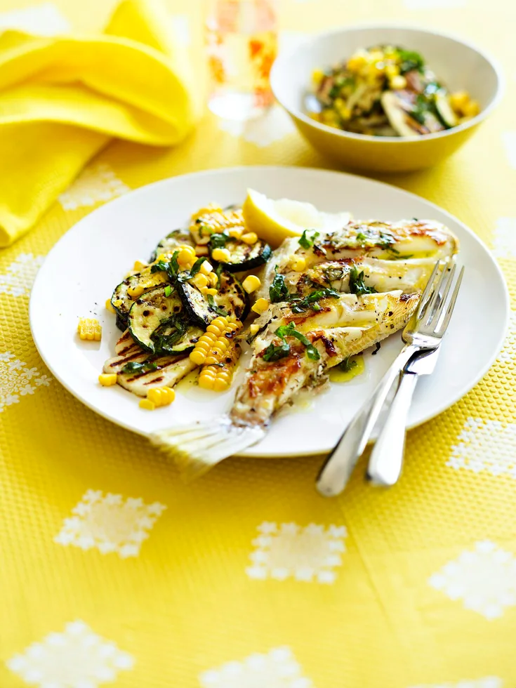 Leatherjacket with haloumi and corn salad
