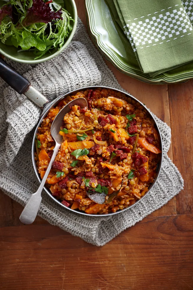 Lentil pepperoni pilaf