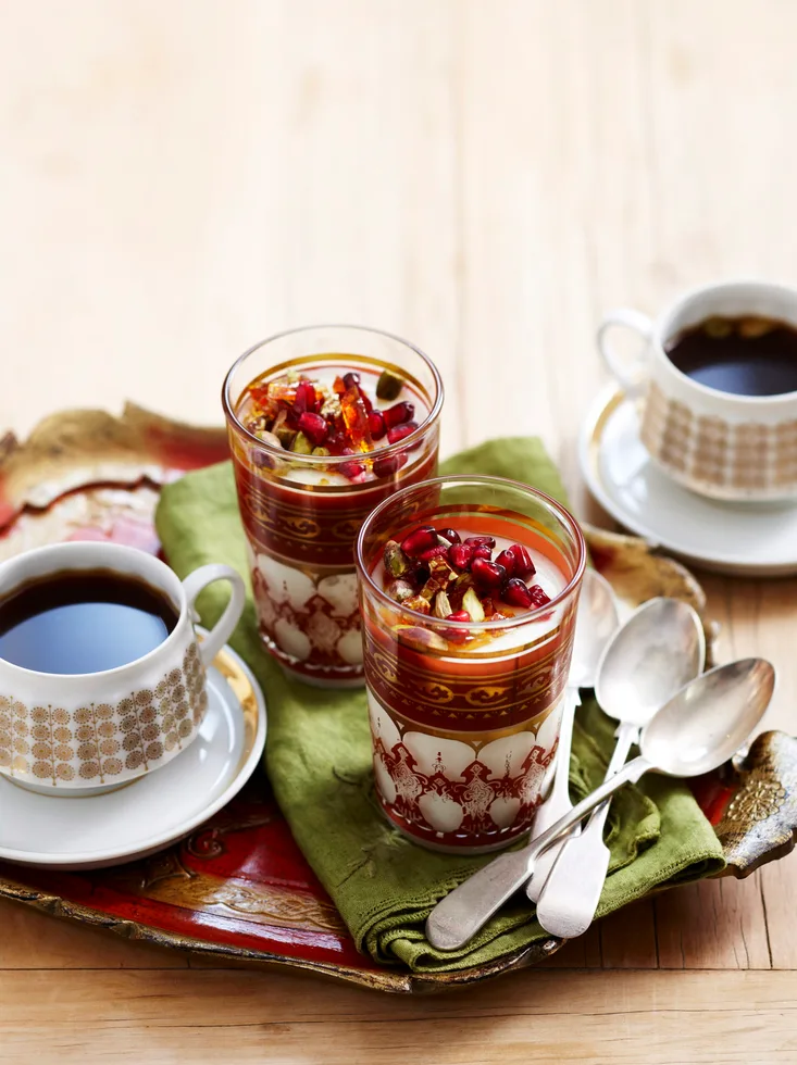 Milk puddings with pistachio praline